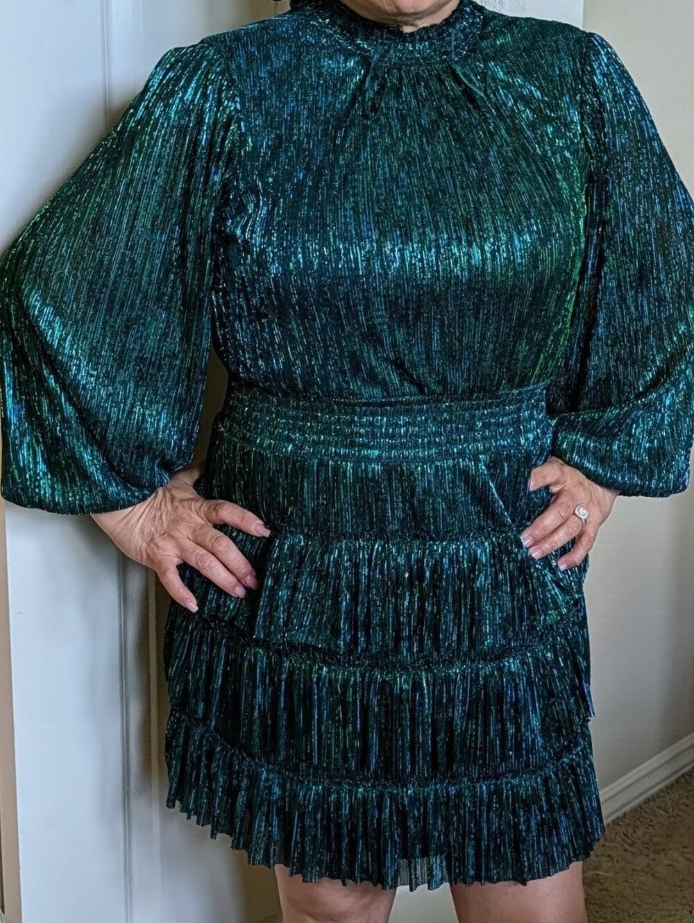1. State Sparkling Green Metallic Tiered Dress